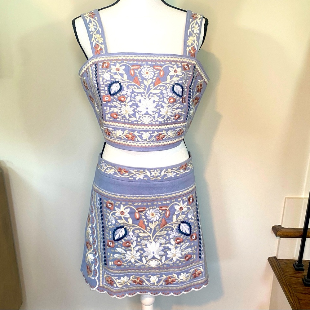 jacquie the label Floral Embroidered Blue Top Mini Skirt 2 piece set large NWT - Picture 6 of 17